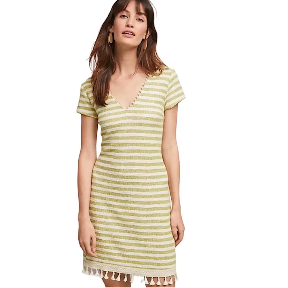 DOLAN by ANTHROPOLOGIE Striped Tassel Terry Dress in Light Green and Cream SZ S